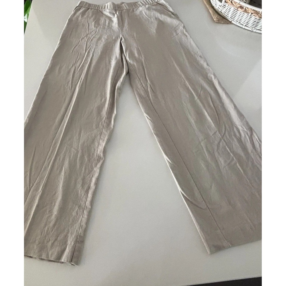 H By Halston Linen Blend Wide Leg Tan Women's Pants Sz 8 Back Elastic Waistband